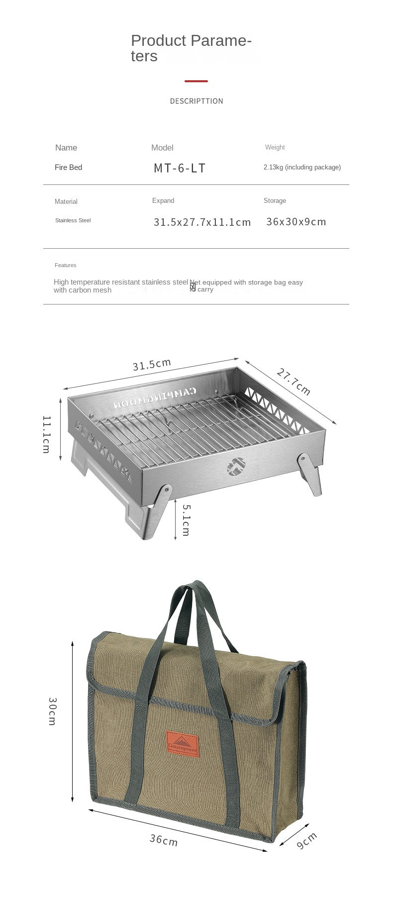 Campingmoon MT-6-LT Stainless Steel Fire Bed Portable Multipurpose Firewood Bonfire Charcoal BBQ Grill Tabletop Burning Platform Outdoor Camping