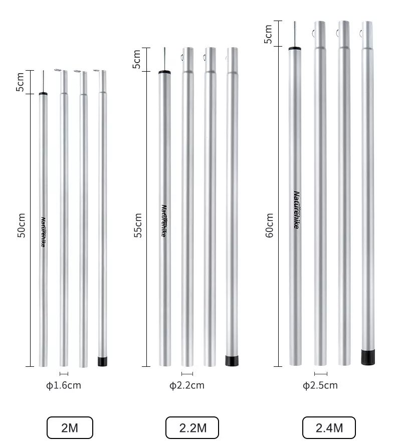Naturehike 2pcs Set 2M | 2.2M | 2.4M | 2.8M Outdoor Portable Awning Canopy Tarp Tent Steel Iron Pole Rod 4 Section Camp Shelter Folding Support Stick