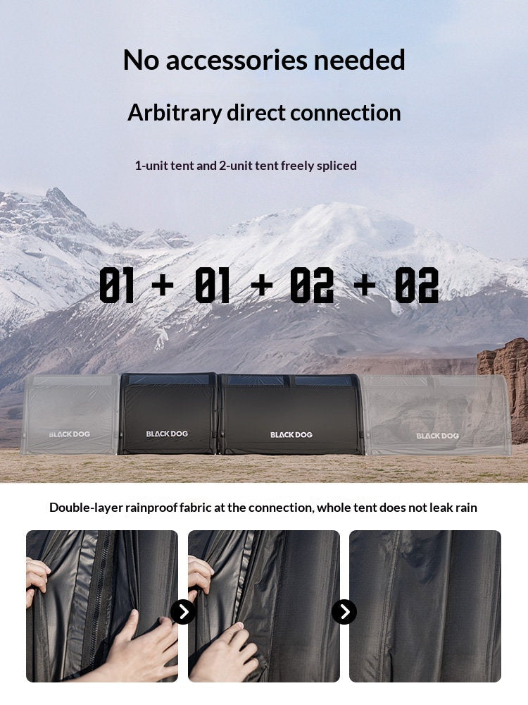 Blackdog DARKLINE AIR Inflatable Modular Tunnel Type Tent Fast Build Interconnected 30m² Shading Area High Ceiling Waterproof PU3000 Black Vinyl Coated Sunscreen