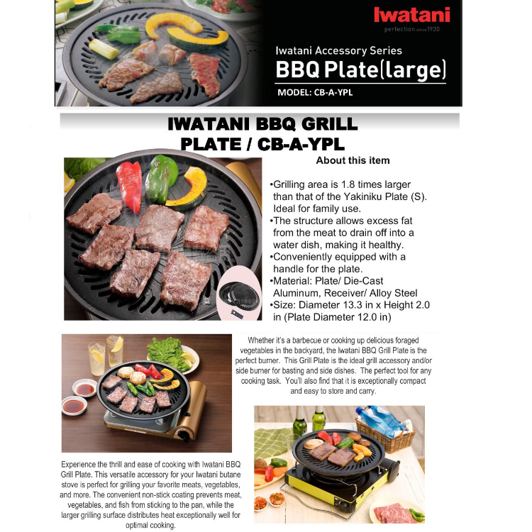 Iwatani CB-A-YPL Yakiniku BBQ Plate (Large) Portable Wide Grilling Area Non-stick Coating Barbecue Plate Die-cast Aluminum With Steel Handle Black