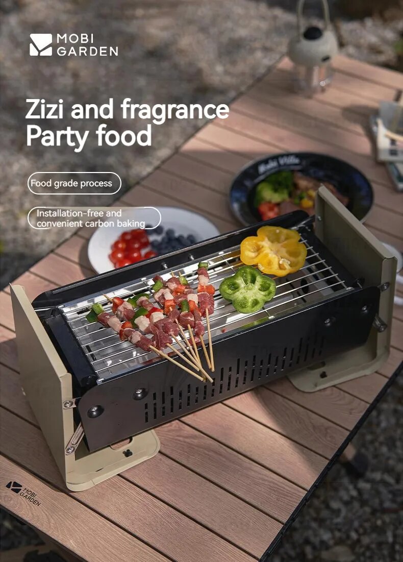 Mobi Garden LeYan Small Desktop BBQ Charcoal Grill Stove Outdoor Camping Picnic Portable Folding Tabletop Burner Ultralight Carbon Steel Body Stainless Steel Grill Net with Storage Bag Mobigarden