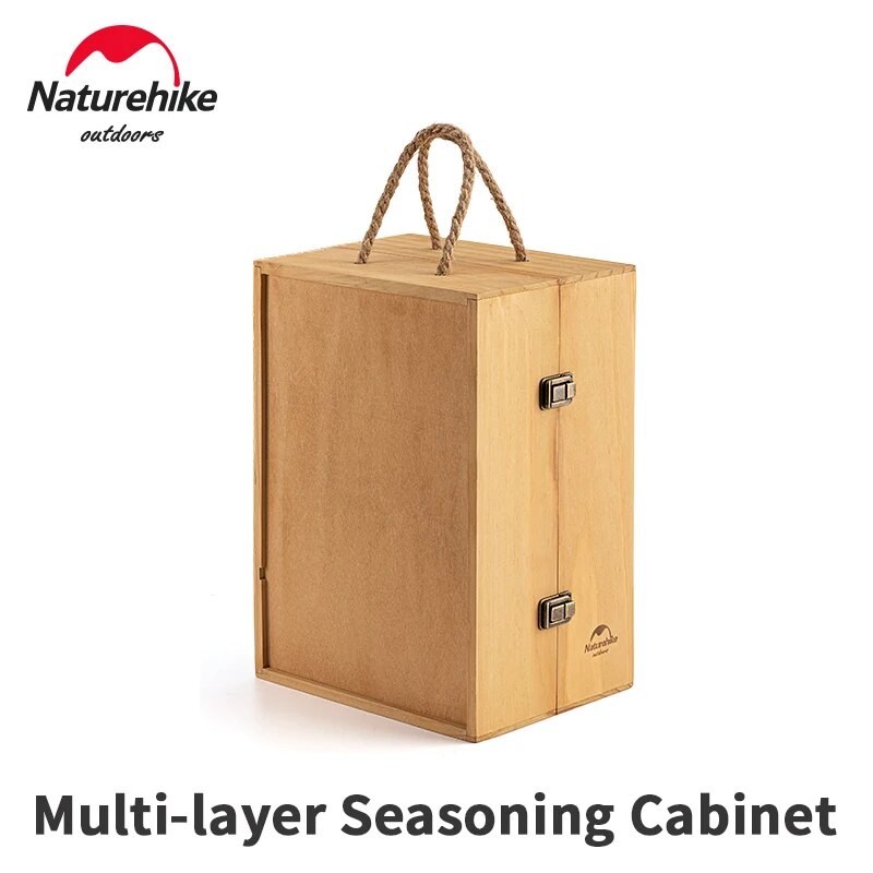 Naturehike Condiments Multi-Layer Storage Box Portable Folding Hemp Rope Belt Seasoning Sauce Solid Wood Cabinet Container Case Outdoor Camping Picnic BBQ Cookware Wooden Box 1.8kg Nature Hike