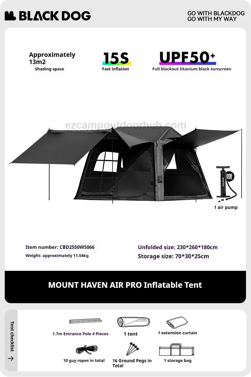 Blackdog MOUNT HAVEN AIR PRO Inflatable Tent Fast Build Cabin Style Shelter 4-5 Persons PVC Air Pole Waterproof Black Vinyl Coated Sunscreen Outdoor