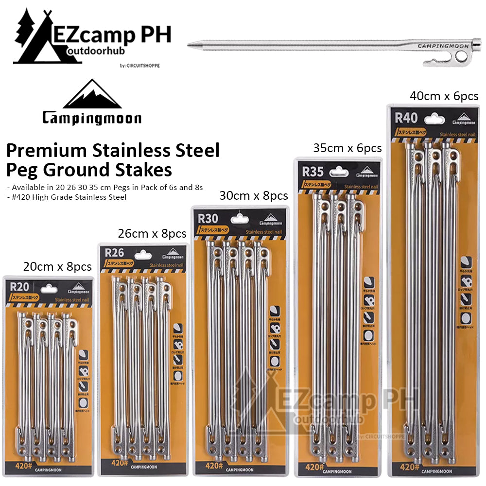 CAMPINGMOON Stainless Steel Peg Stakes Pack of 6 and 8 20cm 26cm 30cm 35cm 40cm Premium Heavy Duty Ground Nail Pegs Stake for Outdoor Camping Tent