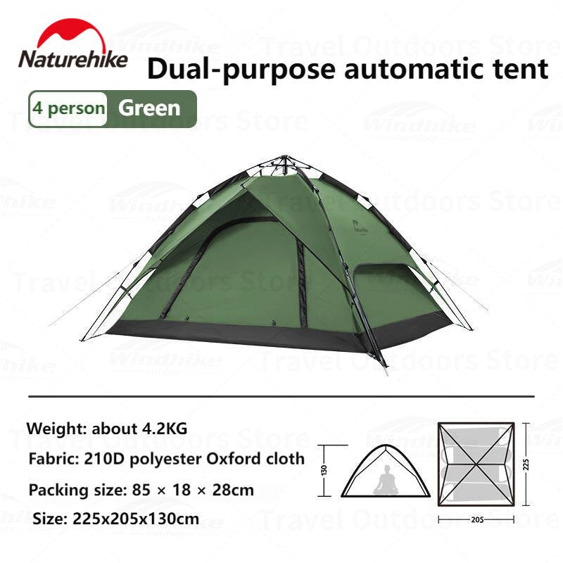 Naturehike Automatic Pop Up Camping Tent Fast Quick Build 3 and 4 Person Dome Style 210D Polyester Waterproof 3000mm Instant Auto Outdoor Shelter Nature Hike Original Heavy Duty