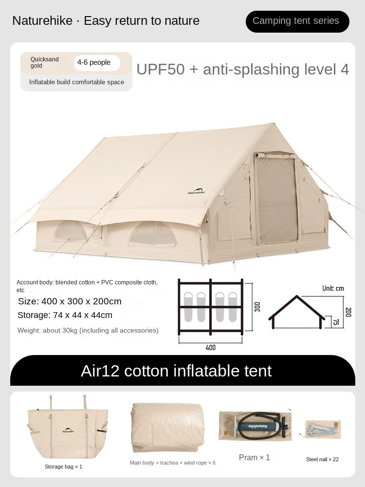 Naturehike GEN Air Series 12/6.3 Inflatable Tent 4-8 Persons Premium Fast Build Eaves Tent Large Area Shelter Blended Polyester Cotton Waterproof