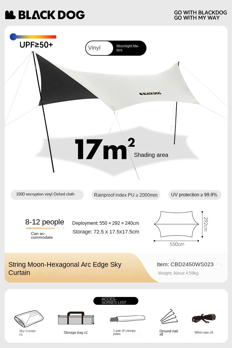 BLACKDOG Hexagonal Arc Edge Sky Curtain Large Canopy Awning Tarp Tent PU Coated 27m² Shade Area UPF50+ Sunscreen Shelter with Poles Hexagon Square