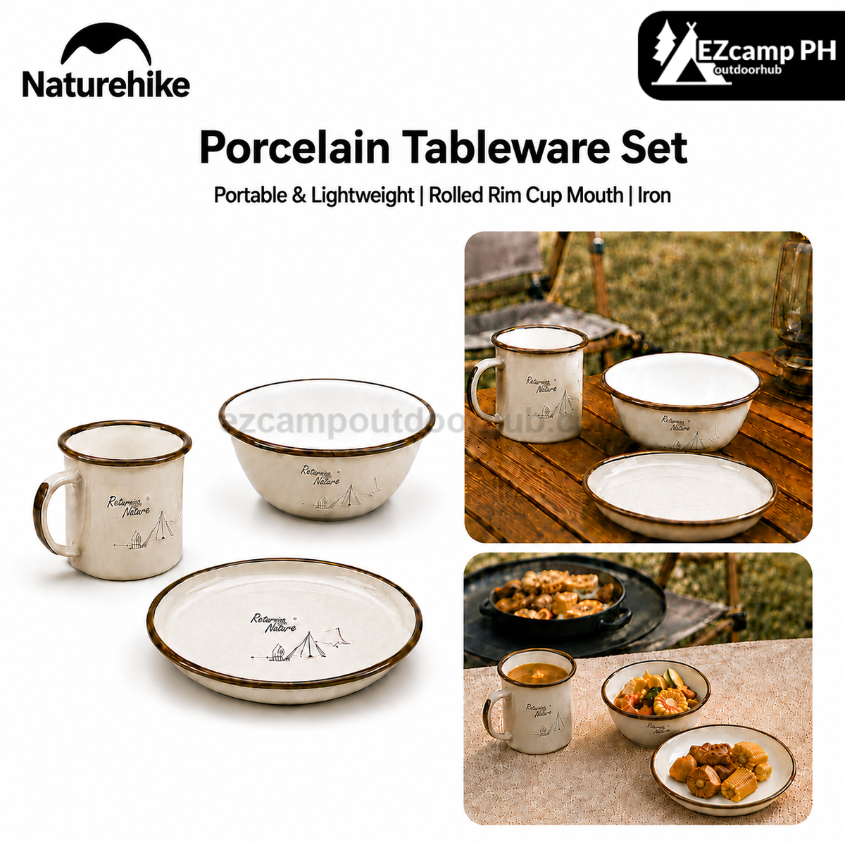 Naturehike Porcelain Tableware Set Portable Enamel Bowl Plate Cup Mug Corrosion Resistant Rolled Rim Mouth Outdoor Camping Cookware Kitchenware