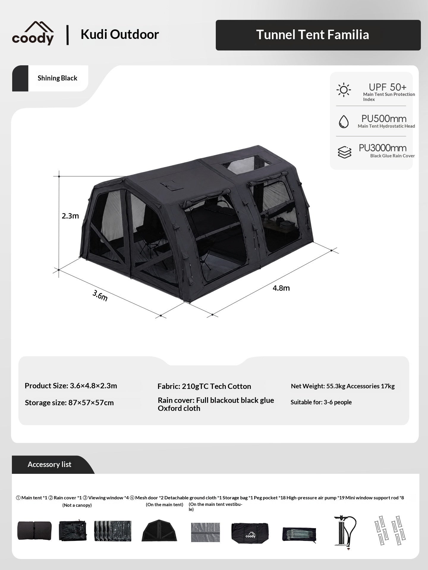 Coody FAMILIA AIR 17.2 PRO Inflatable Air Tent Large Family Camping Tent 4 Sided Mesh Windows Waterproof Glamping Shelter Easy Setup Outdoor Tent