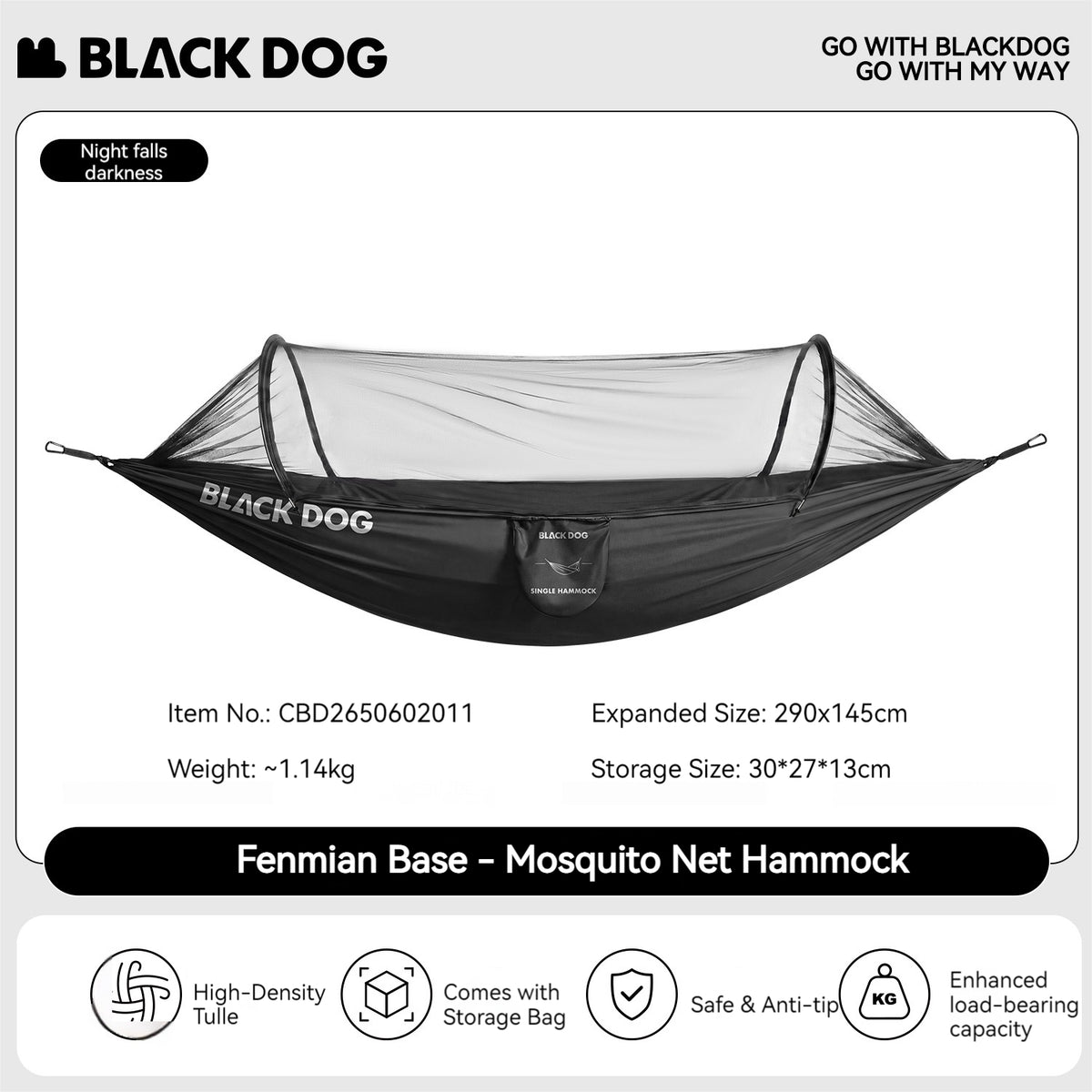 Blackdog FOREST NEST Camping Hammock With Mosquito Net Cover Outdoor Hanging Sleeping Bed 300kg Max