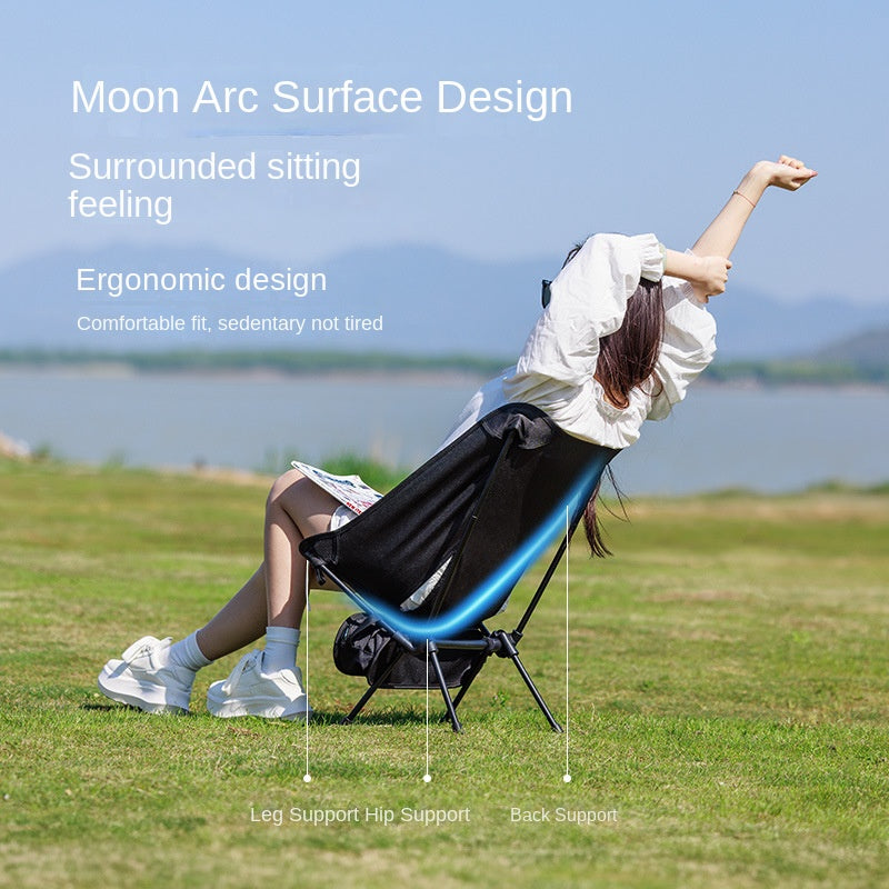BLACKDOG Black Foldable Moon Chair Portable Ultralight Folding Recliner Lounge Fishing Director's Chair Up to 130kg Aluminum Alloy Camping Outdoor