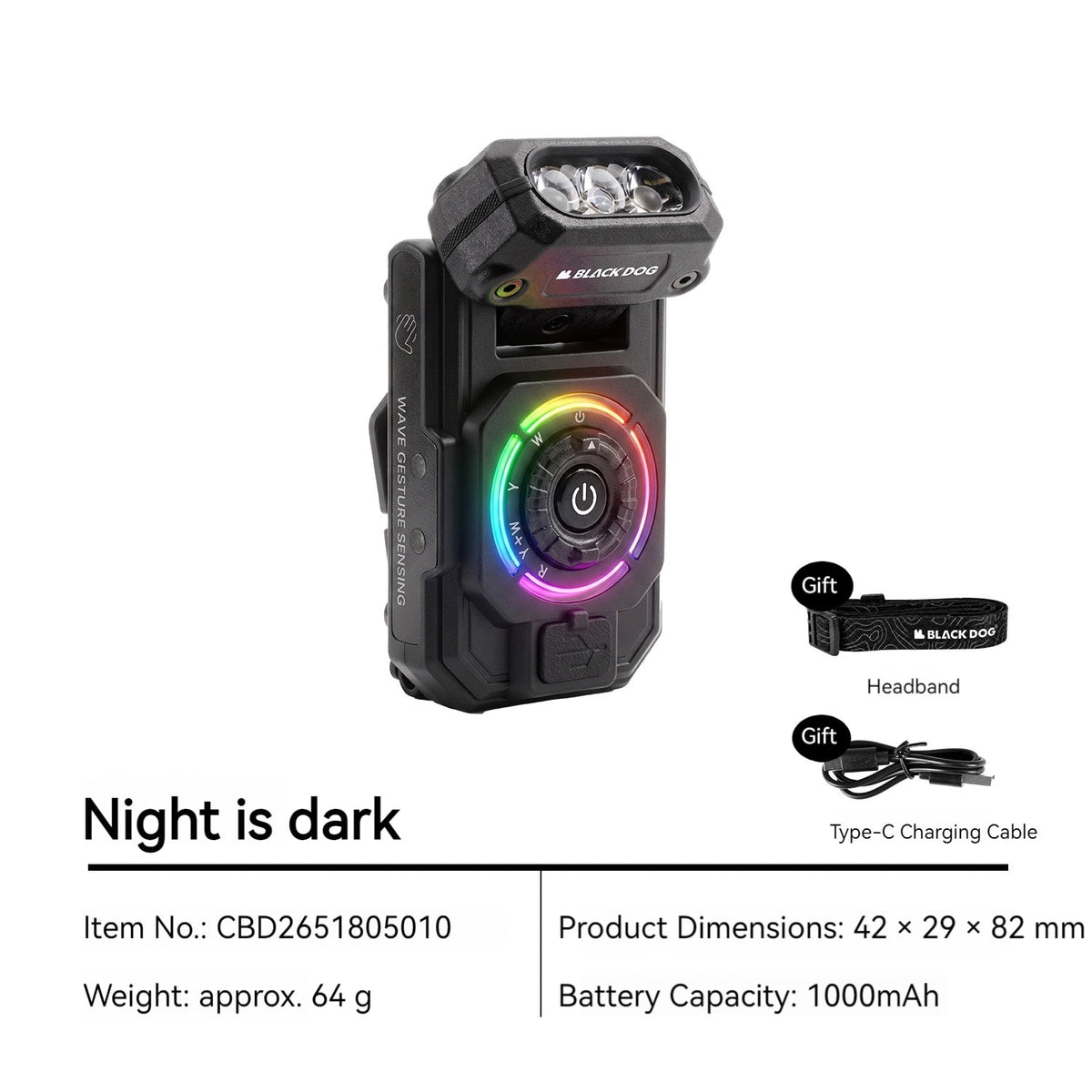 Blackdog STARGEAR LED Headlamp 580LM Cap Clip Flashlight Gesture Sensor Rechargeable Magnetic RGB