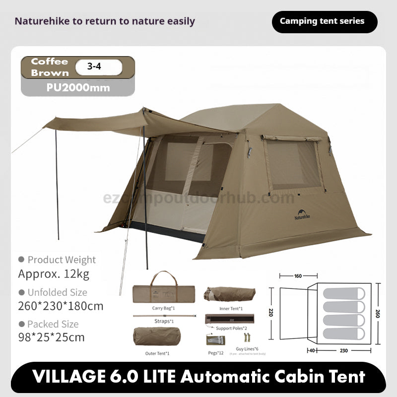Naturehike VILLAGE 6.0 LITE Automatic Tent Fast Cabin Style Tent 4 Person One-Piece Setup Ridge 2.0 9m² Total Use Space 360° Ventilation VILLAGE 6