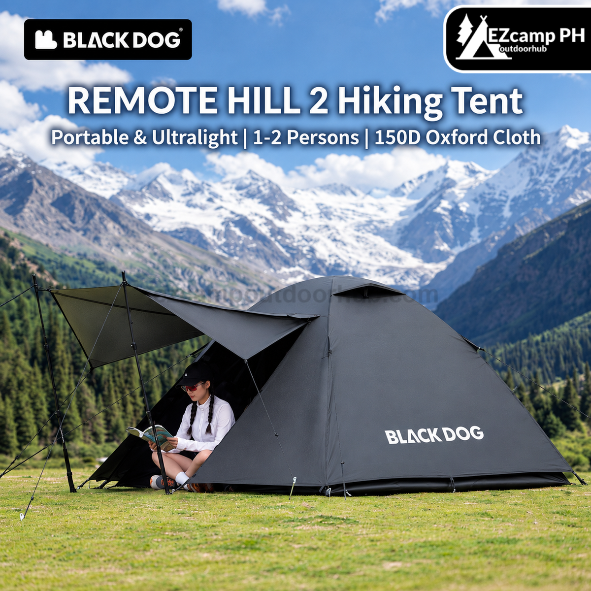 Blackdog REMOTE HILL 2 Hiking Tent Ultralight 2 Person Black Waterproof Silver Sunscreen Camping