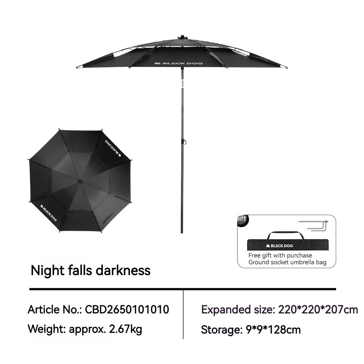 Blackdog SUNSET 2.0 Umbrella Outdoor Camping Picnic Beach 360 Black Coated Sunscreen 5m² Shade Area