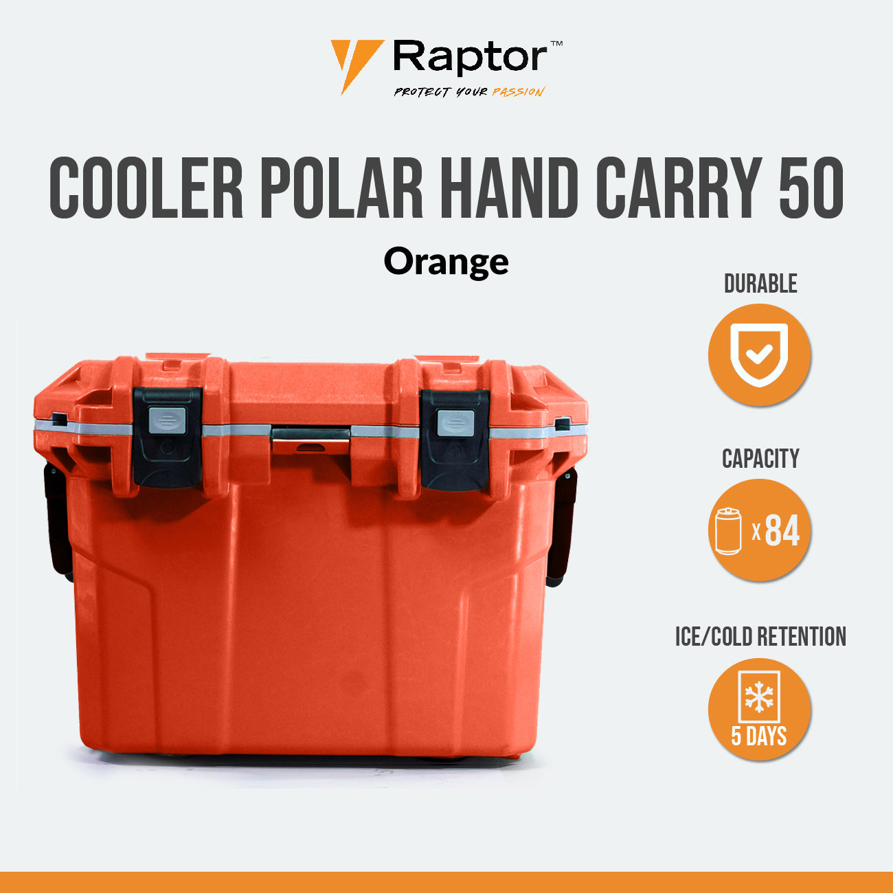 Raptor POLAR Series Cooler Hand Carry Multipurpose 50L Capacity Cold Storage Ice Box Food Container Chest Sloped Drain with Secure Plug Non-Skid Rubber Feet