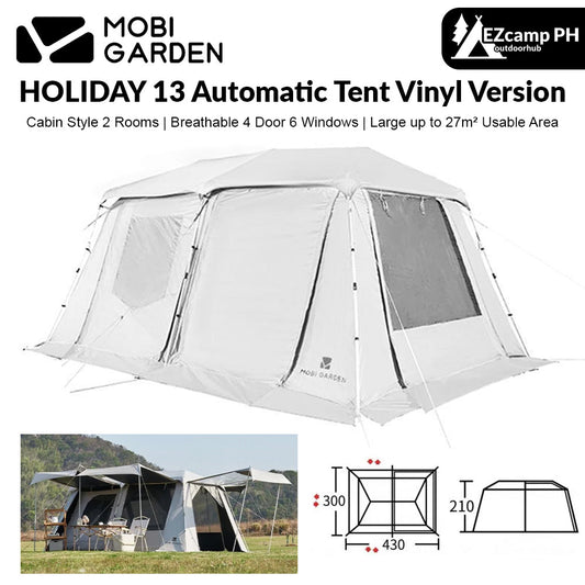 Mobi Garden HOLIDAY 13 Vinyl Coated Version Cabin Style 2 Room Large Fast Build Automatic Tent 27m² Use Space Breathable 4 Door 6 Windows Camping Tent