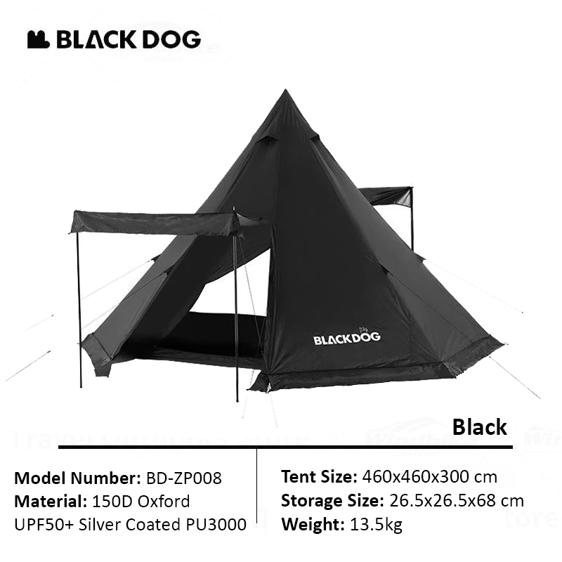 BLACKDOG Extra Large Pyramid Tent 5 To 8 Persons Black White Pyramid Tipi Hexagon Silver Coated Teepee Hexagonal Waterproof Outdoor Camping Hiking Picnic Beach Heavy Duty Original Black Dog
