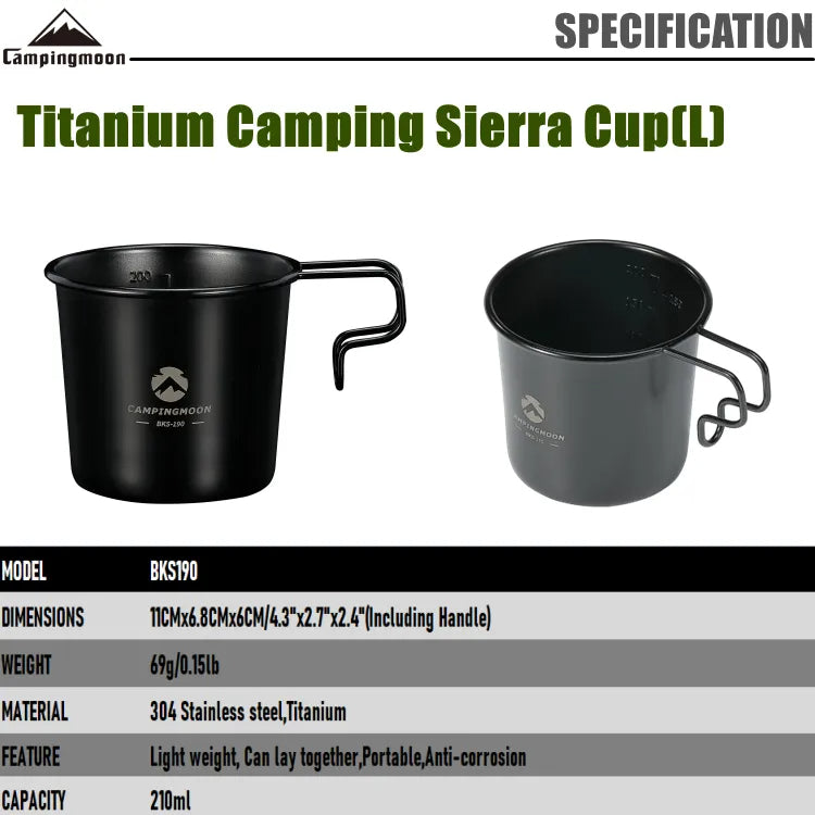 CAMPINGMOON BKS Series Black Stainless Steel Sierra Bowl Beer Coffee Tea Mug Shot Glass Titanium Coated Shera Hanging Cup Stackable Storage Utensil