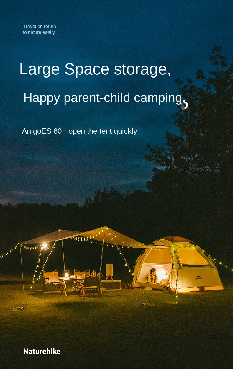 Naturehike ANGO Series ES60 Fast Automatic Tent Dome Detachable Canopy Awning Tarp for 3 to 4 Person Silver Coated Sunscreen Waterproof 15m² Large Use Space Auto Poles Quick Open Nature Hike