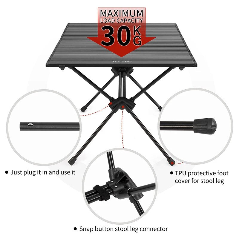 Naturehike FT11 Black Aluminum Egg Roll Camping Portable Folding Table 2 Level Height Adjustable Ultralight Heavy Duty up to 30kg Max Load Foldable