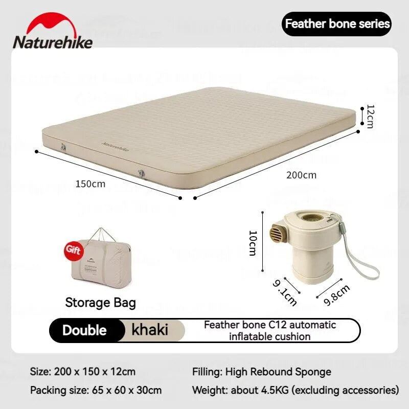 Naturehike FEATHER BONE C12 Inflatable Sleeping Pad Cushion Foam Queen Size Mattress Bed Mat Portable Storage Built-in Air Inflate Deflate Pump