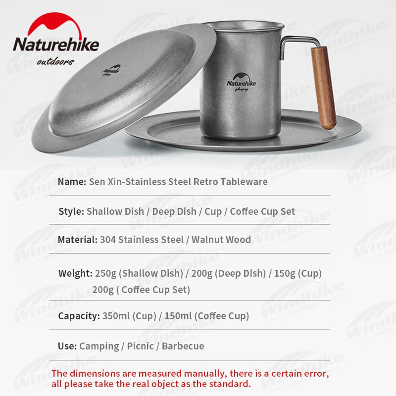 Naturehike Stainless Steel Retro Tableware Set Outdoor Portable Lightweight Vintage Style Plate Dish Cup Mug Coffee Tea Set Camping Hiking Picnic BBQ Dining Travel Utensil Heavy Duty Original Nature Hike