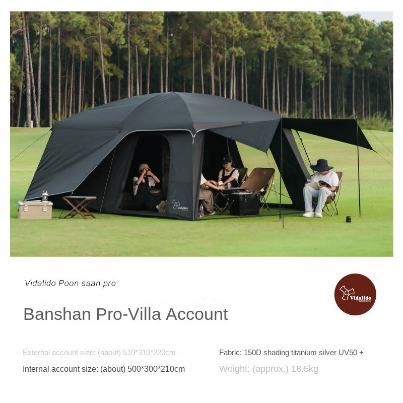 Vidalido POON SAAN PRO 8-10 Person Banshan Villa XL Cabin Black Camping Tent 15m² Interior Space 2 Bedroom Waterproof Titanium Silver Coated