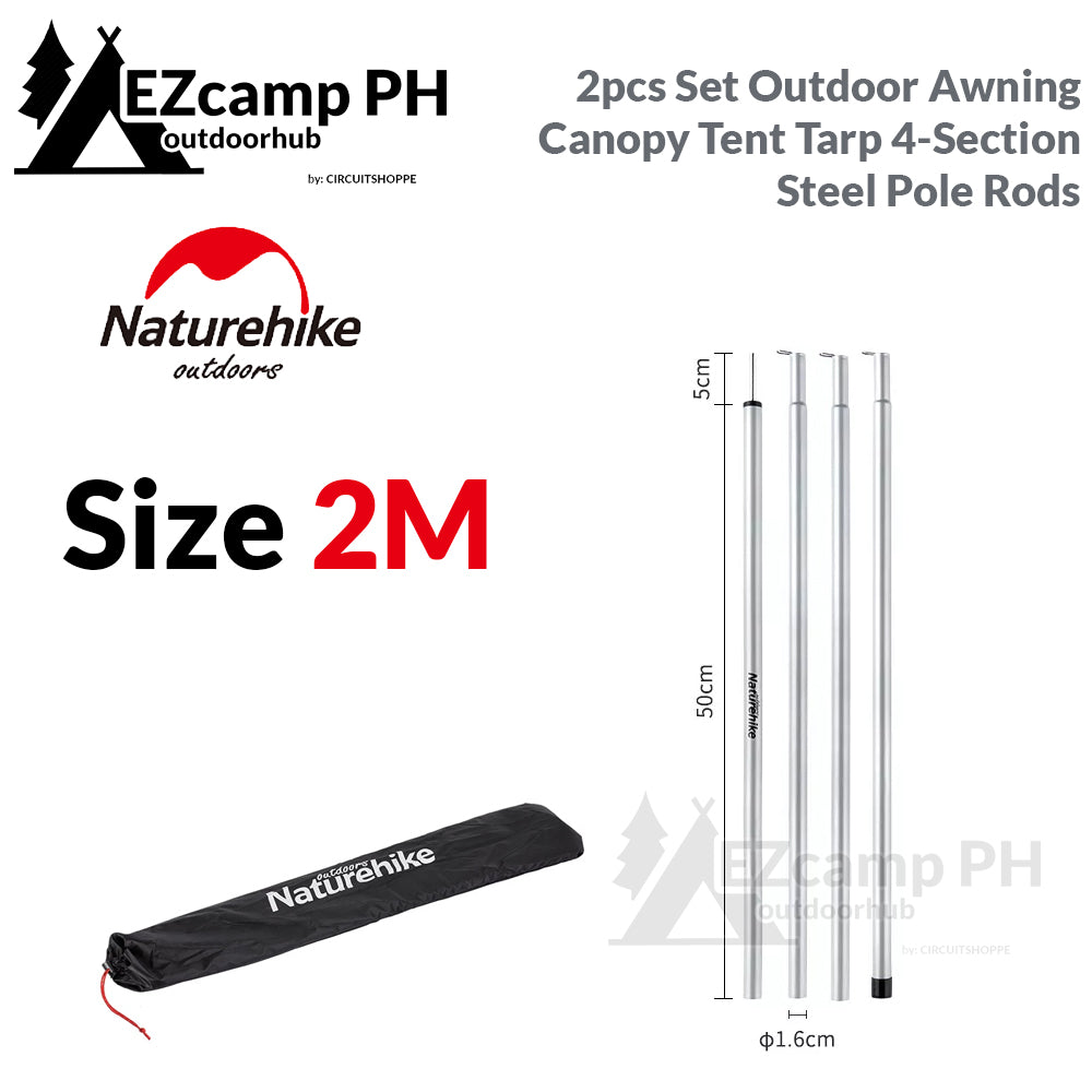 Naturehike 2pcs Set 2M | 2.2M | 2.4M | 2.8M Outdoor Portable Awning Canopy Tarp Tent Steel Iron Pole Rod 4 Section Camp Shelter Folding Support Stick
