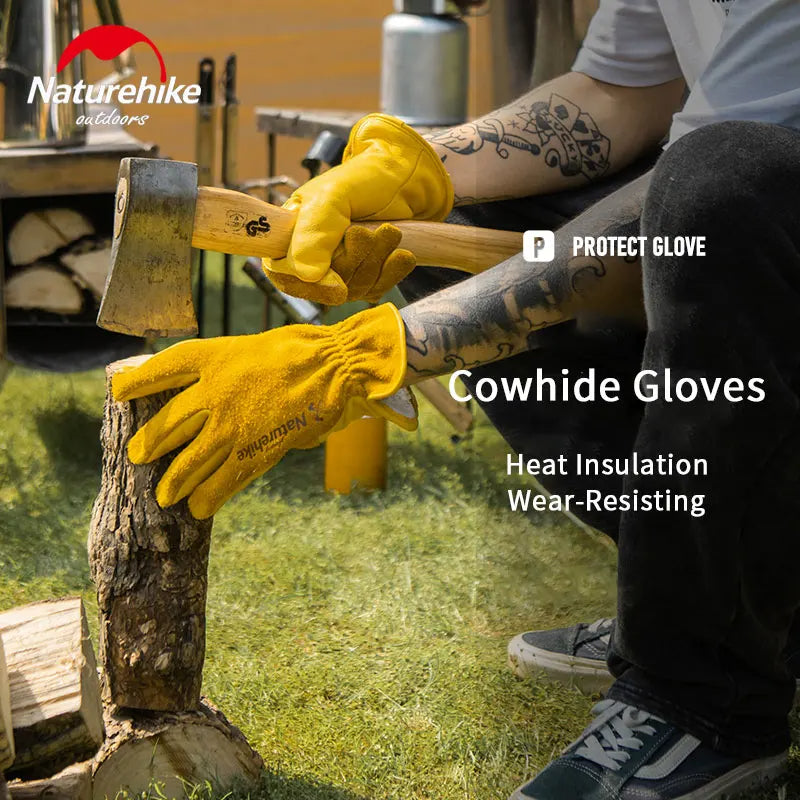 Naturehike Cowhide Leather Outdoor Working Gloves Camping Barbecue Chop Wood Gardening BBQ Heat Wear and Tear Resistant Breathable Comfortable Glove