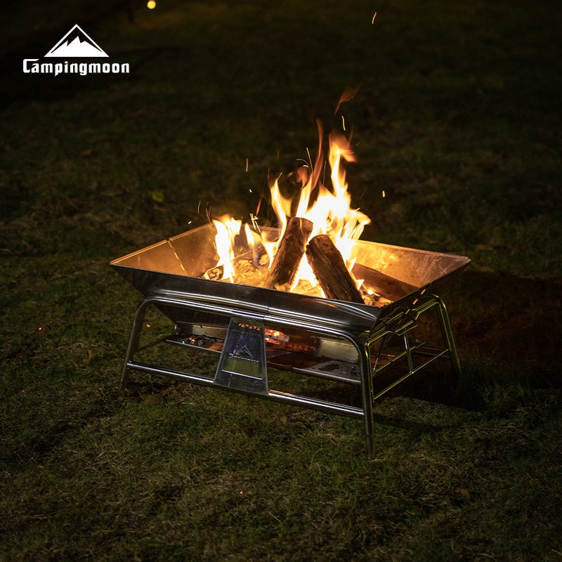 CAMPINGMOON MT-5 Standing Campfire Stainless Steel Grill Portable Folding Charcoal Fire Wood Burner Fire Pit Bonfire Firewood Rack Outdoor Camping Travel