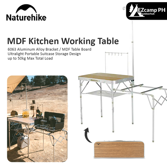 Naturehike MDF Kitchen Working Table Portable Suitcase Storage Design Folding Mobile Kitchen Aluminum Alloy Bracket 50kg Max Load with Lamp Pole