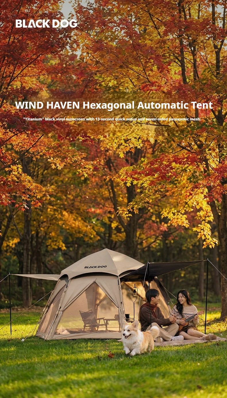Blackdog WIND HAVEN Hexagonal Automatic Tent Dome Style 3-4 Persons Breathable 7-Sided Panorama Windows Black Vinyl or Silver Coated Sunscreen