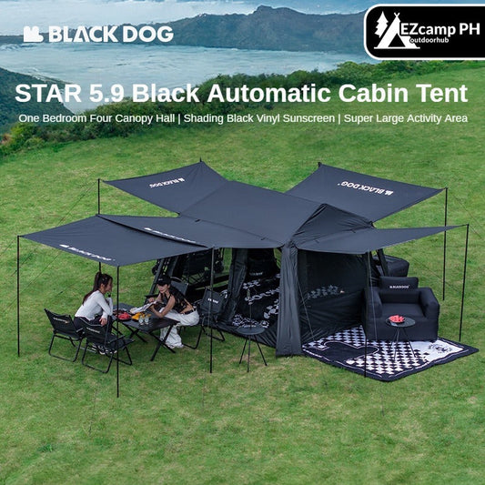 BLACKDOG STAR 5.9 Black Automatic Cabin Tent 1 Bedroom 4 Awning Canopy Halls Fast Build Tent For 3-4 Persons Large Up To 27m² Usable Area Vinyl Coated