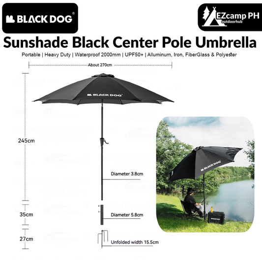 BLACKDOG Sunshade Black Center Pole Umbrella Rubber Canopy Rooftop Garden Gazebo Parasol Sun Shelter Courtyard Villa Sunscreen Black Coated Tarp