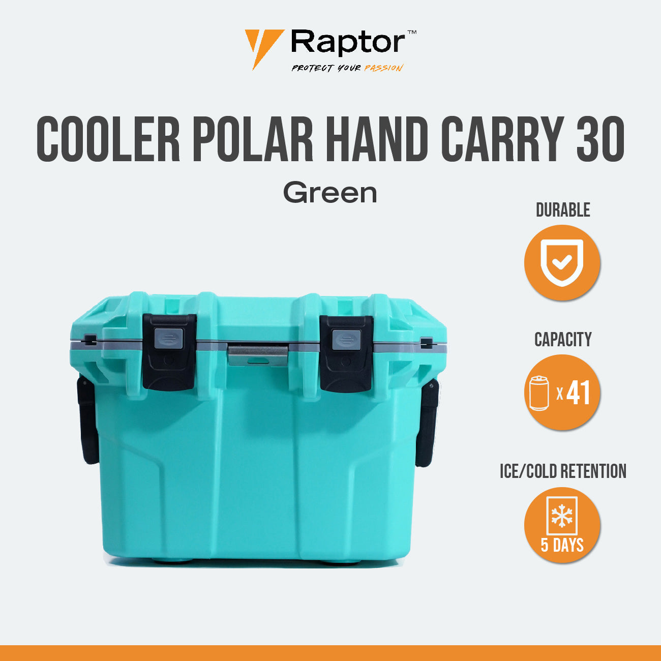 Raptor POLAR Series Cooler Hand Carry Multipurpose 30L Capacity Cold Storage Ice Box Food Container Chest Sloped Drain with Secure Plug Non-Skid Rubber Feet