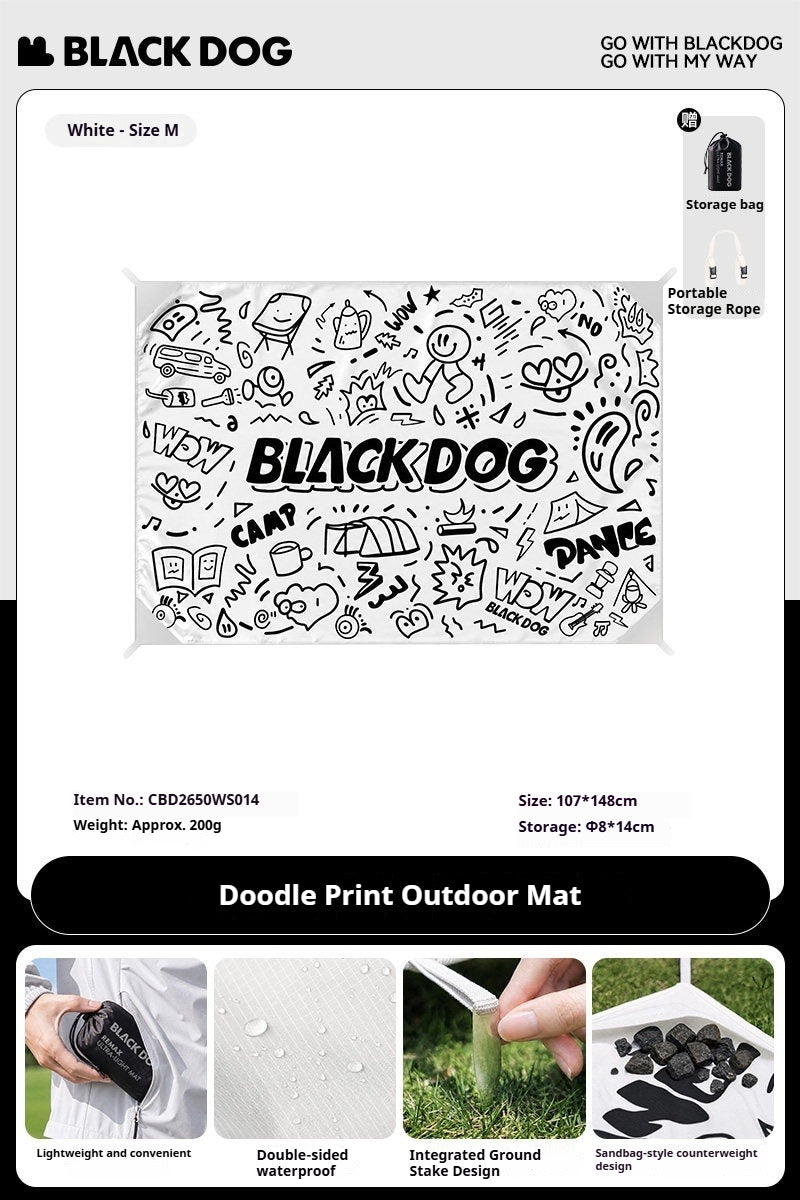 BLACKDOG Doodle-Print Outdoor Mat Portable Ultralight Black Breathable Mattress Moisture-proof Widened Layout Ground Sheet Camping Picnic Beach