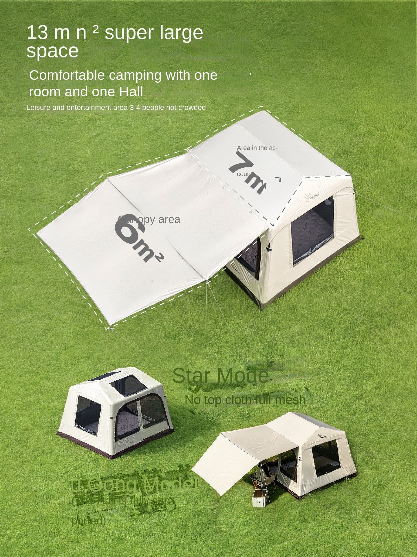 Vidalido WISH HOUSE 7.0 Air Inflatable Tent Fast Build 3-4 Person Ti Silver Coated Sunscreen PVC Air Poles Full View Mesh Waterproof 13m² Usable Space