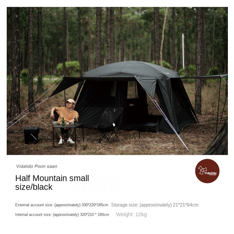VIDALIDO Poon Saan Cabin Style Tent Semi-Automatic Waterproof Breathable Outdoor Camping Medium Large Tent for 4-10 Person Black Khaki Banshan Villa