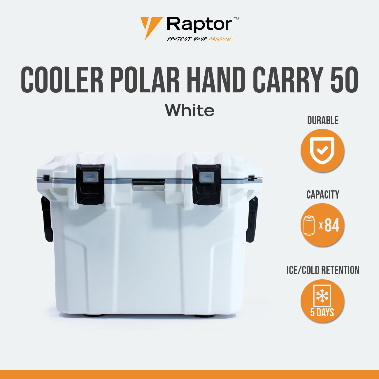 Raptor POLAR Series Cooler Hand Carry Multipurpose 50L Capacity Cold Storage Ice Box Food Container Chest Sloped Drain with Secure Plug Non-Skid Rubber Feet