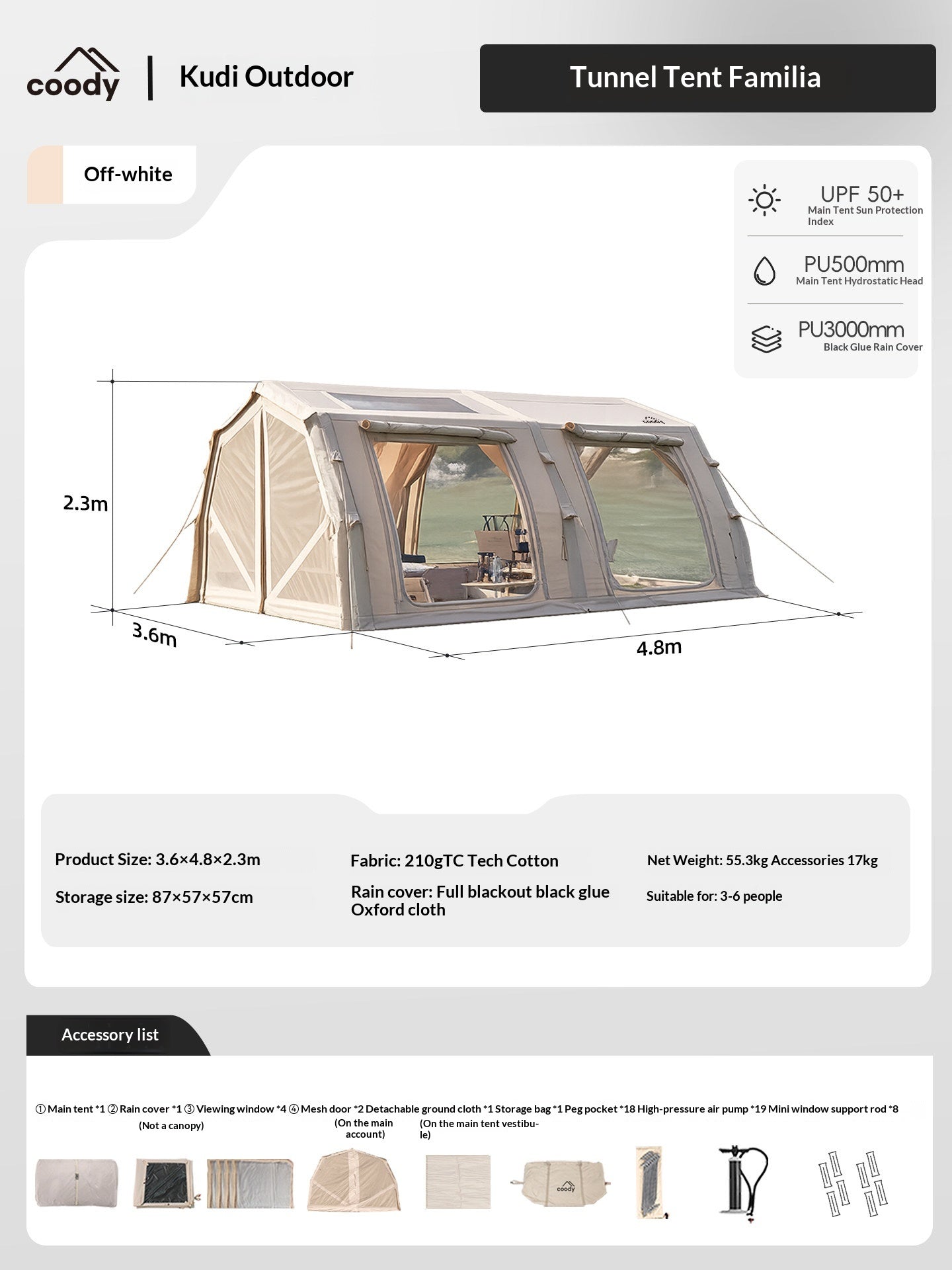 Coody FAMILIA AIR 17.2 PRO Inflatable Air Tent Large Family Camping Tent 4 Sided Mesh Windows Waterproof Glamping Shelter Easy Setup Outdoor Tent