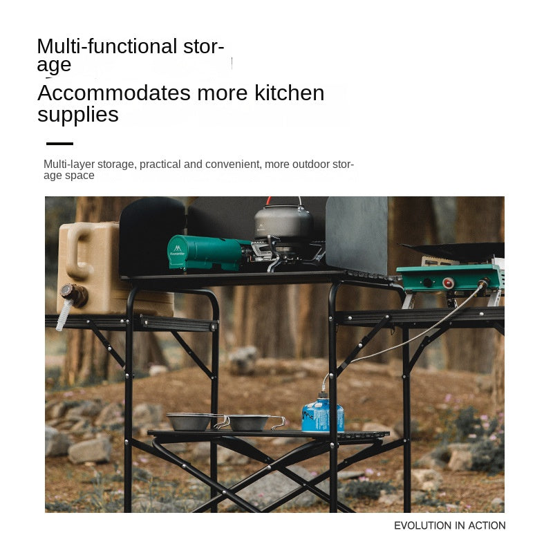 Mountainhiker Black Mobile Kitchen Table Portable Foldable Multipurpose One Piece Folding Outdoor Kitchen Camping Multi-layer Storage With Built-in Wind Deflector