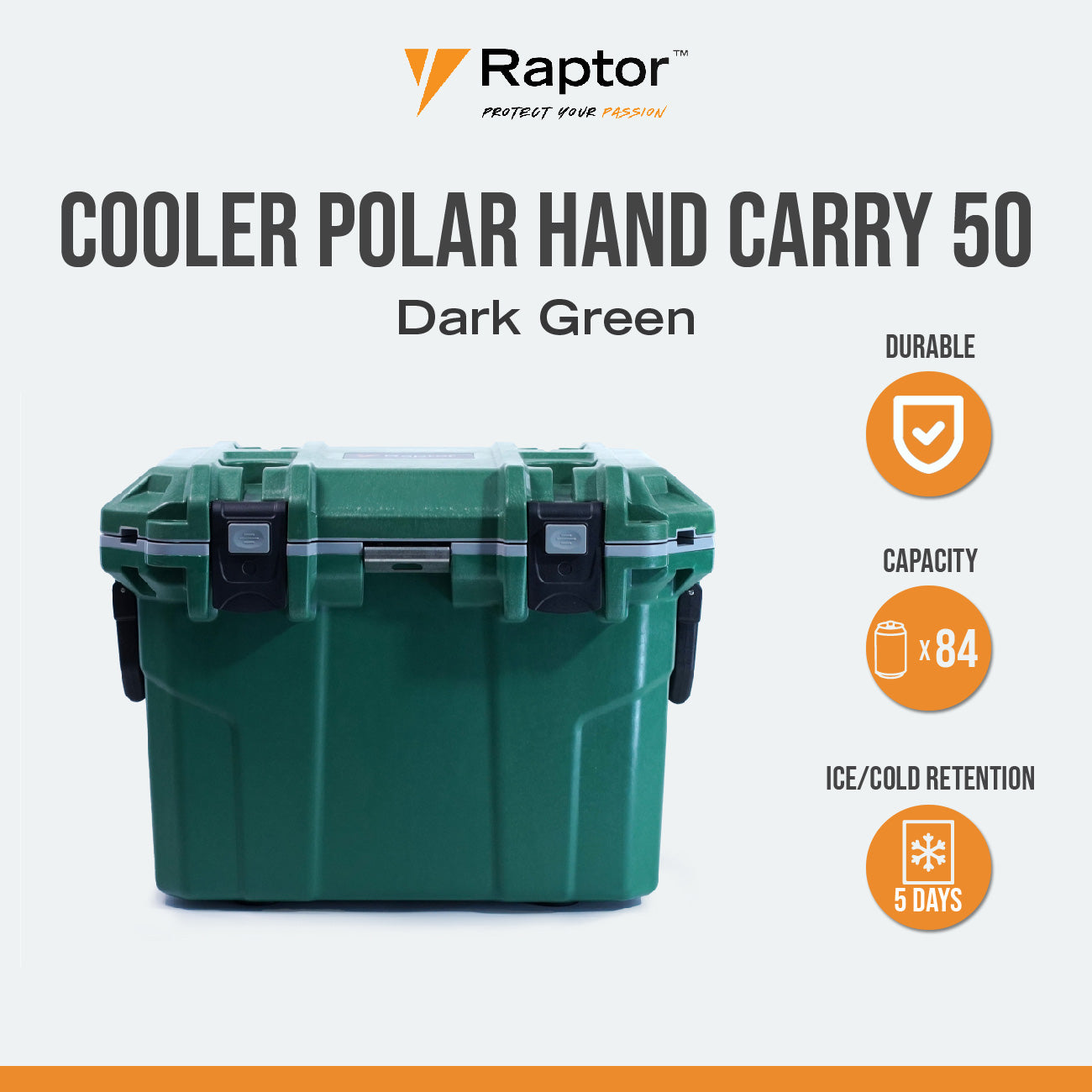Raptor POLAR Series Cooler Hand Carry Multipurpose 50L Capacity Cold Storage Ice Box Food Container Chest Sloped Drain with Secure Plug Non-Skid Rubber Feet