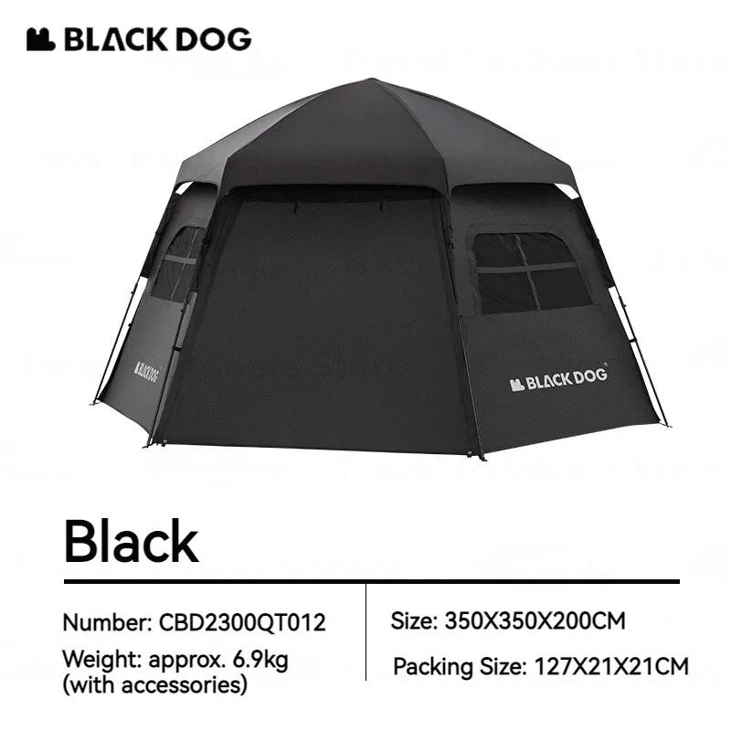 BLACKDOG Hexagonal Fast Automatic Tent Outdoor Camping Large 12.5m² for 4-6 Person Blackout Sunscreen 3 Side Awning Vinyl Coated Hexagon Auto Tent