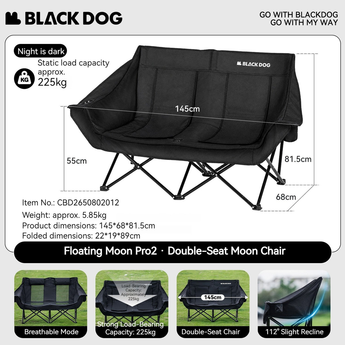 Blackdog FLOATING MOON PRO 2 Folding Portable Double Seat 225kg Max Load Extra Wide Camping Chair