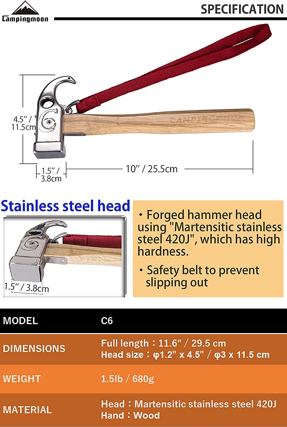 CAMPINGMOON Stainless Steel Camping Hammer Portable Lightweight Multipurpose Peg Stakes Ground Nail Hammer Tent Survial Tool Wooden Wood Mallet Outdoor Camping Hiking Travel Heavy Duty Camping Moon