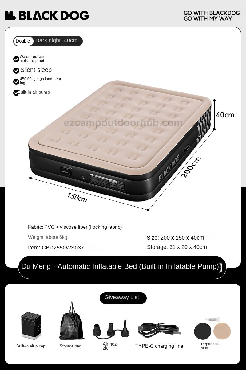 Blackdog CLOUD NEST Automatic Air Inflatable Bed Sleeping Pad 1-2 Persons Camping Home Use Single Queen Size Mattress Built-in Electric USB Charging Air Pump Lamp