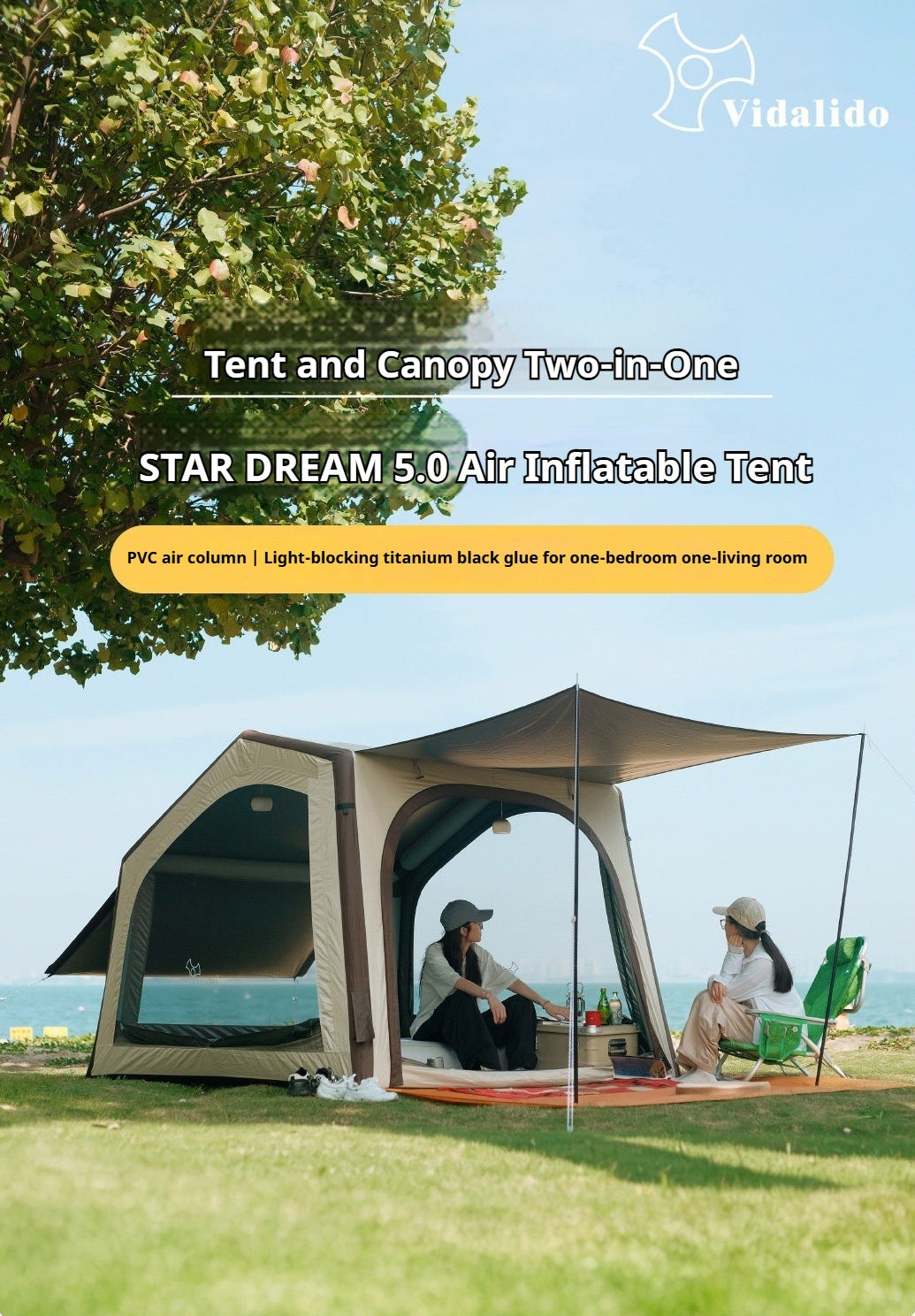 Vidalido STAR DREAM 5.0 Air Inflatable Tent Ti Black Vinyl Coated Sunscreen Waterproof Fast Build PVC Air Poles 7.5m² Interior Space For 2-4 Persons