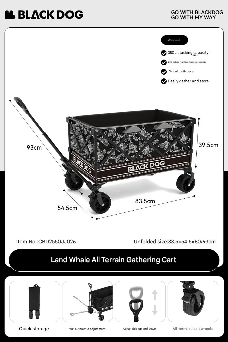 BLACKDOG LAND WHALE Camping Cart Portable Foldable Multipurpose Hand Pull Black Wagon All Terrain Gathering Storage Cart 320L Large Capacity Detachable Wheel