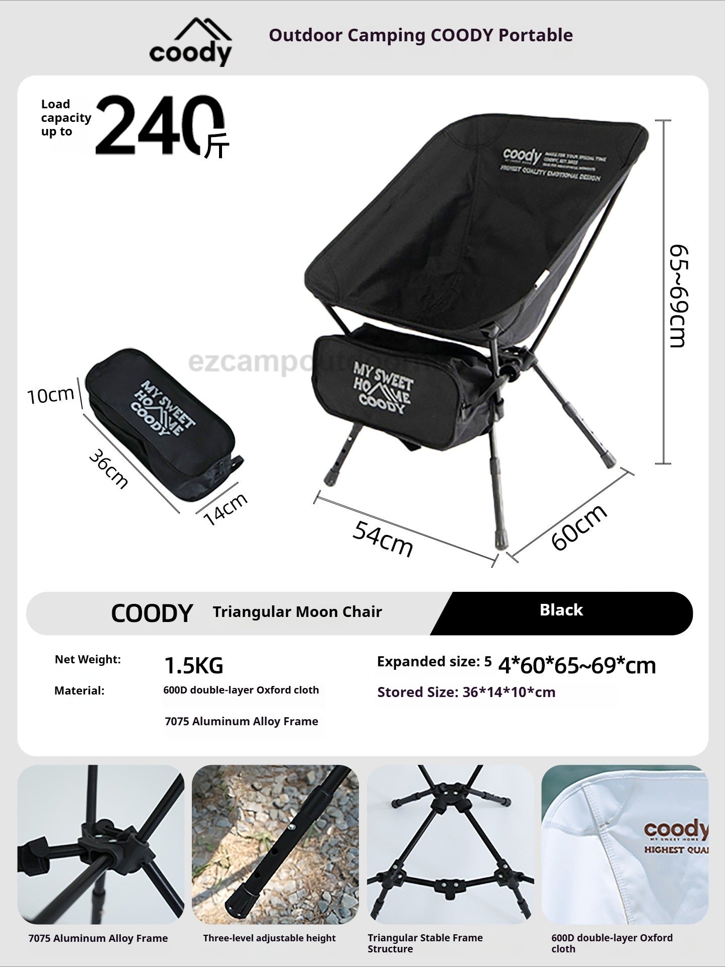 Coody Triangular Moon Chair Portable Ultralight Wide Seat Load Bearing Up To 120kg Max Triangular Bracket 600D Oxford Cloth With Storage Bag Outdoor